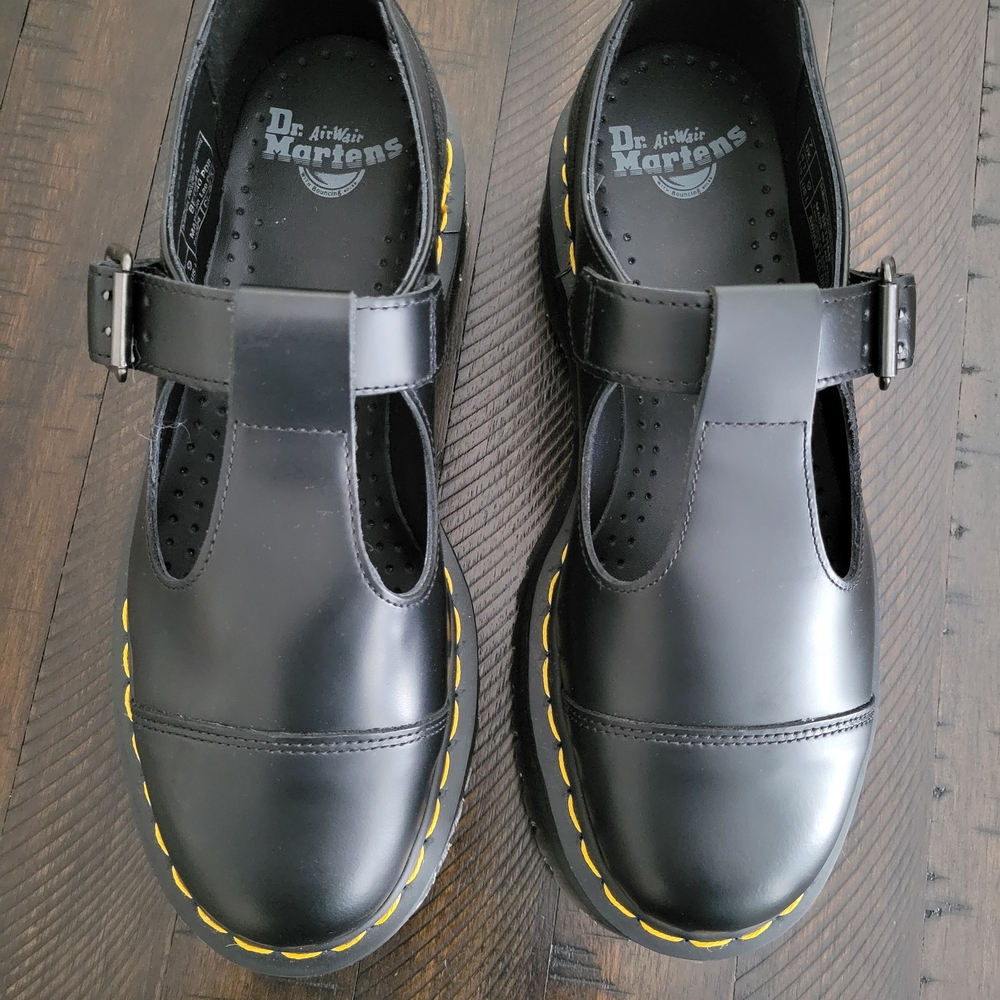 NEW Dr. Martens Girls' Black T-Bar Mary Jane Shoes with Yellow Stitching